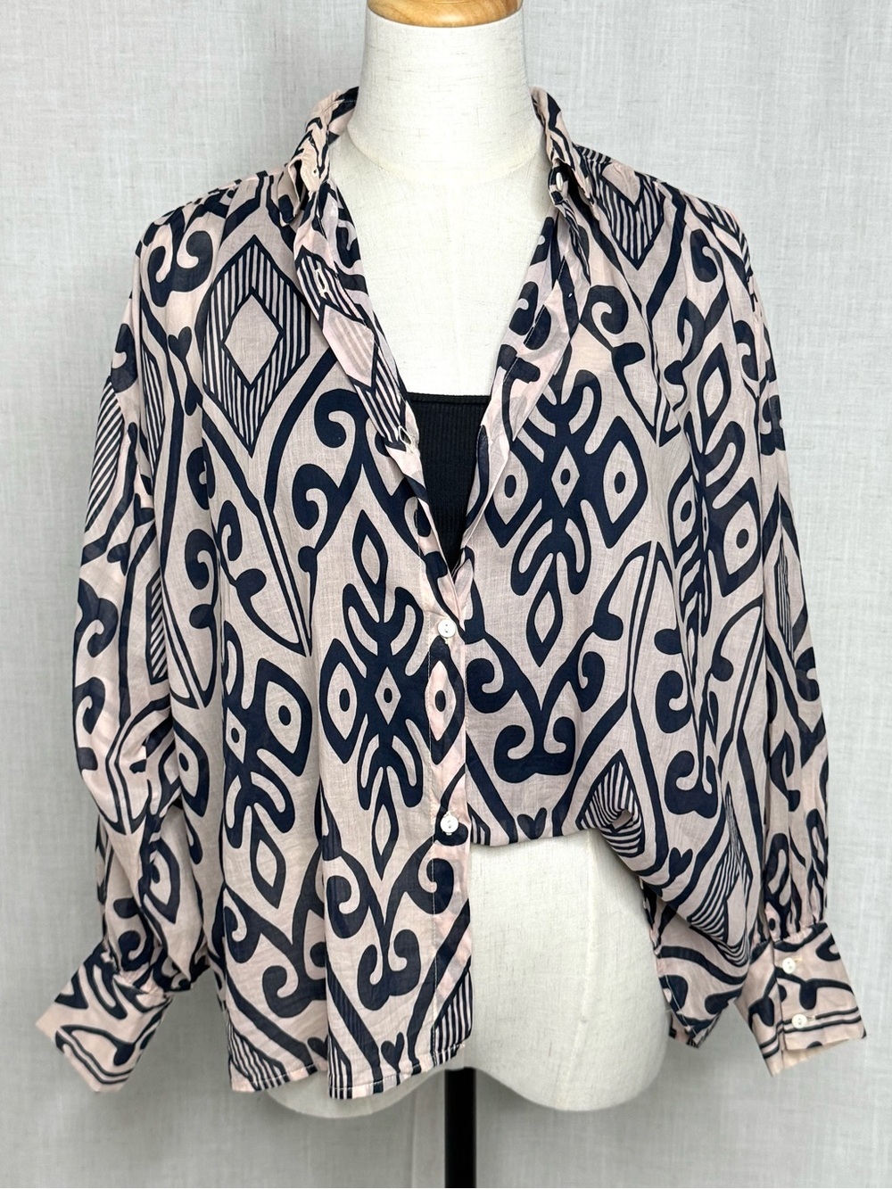 🌿NIU Italy Sheer Cotton Ikat Print Button Up Blouse Black Cream Size Small